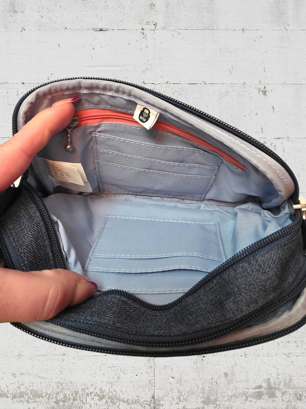 Baggallini Navy Blue Denim Crossbody Bag - Compact Everyday Carry - Picture 12 of 15